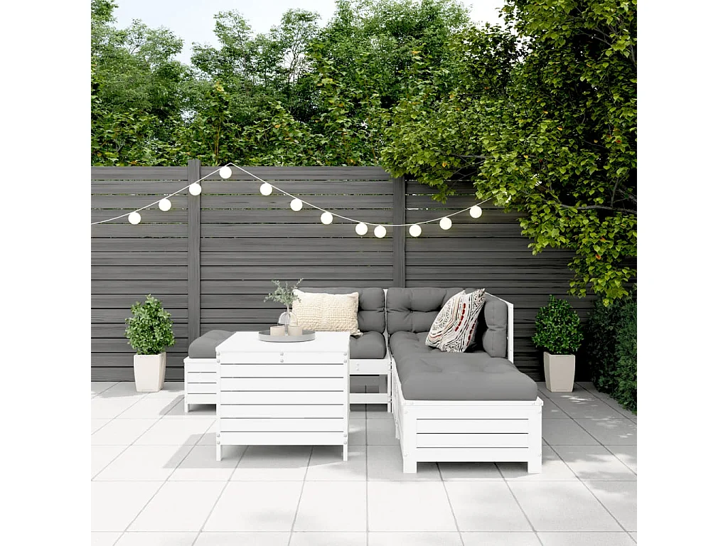 Salon de jardin 6 pcs blanc bois de pin massif