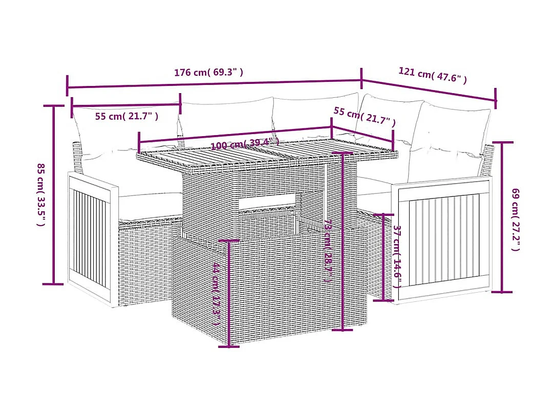 Salon de jardin 5 pcs avec coussins noir résine tressée