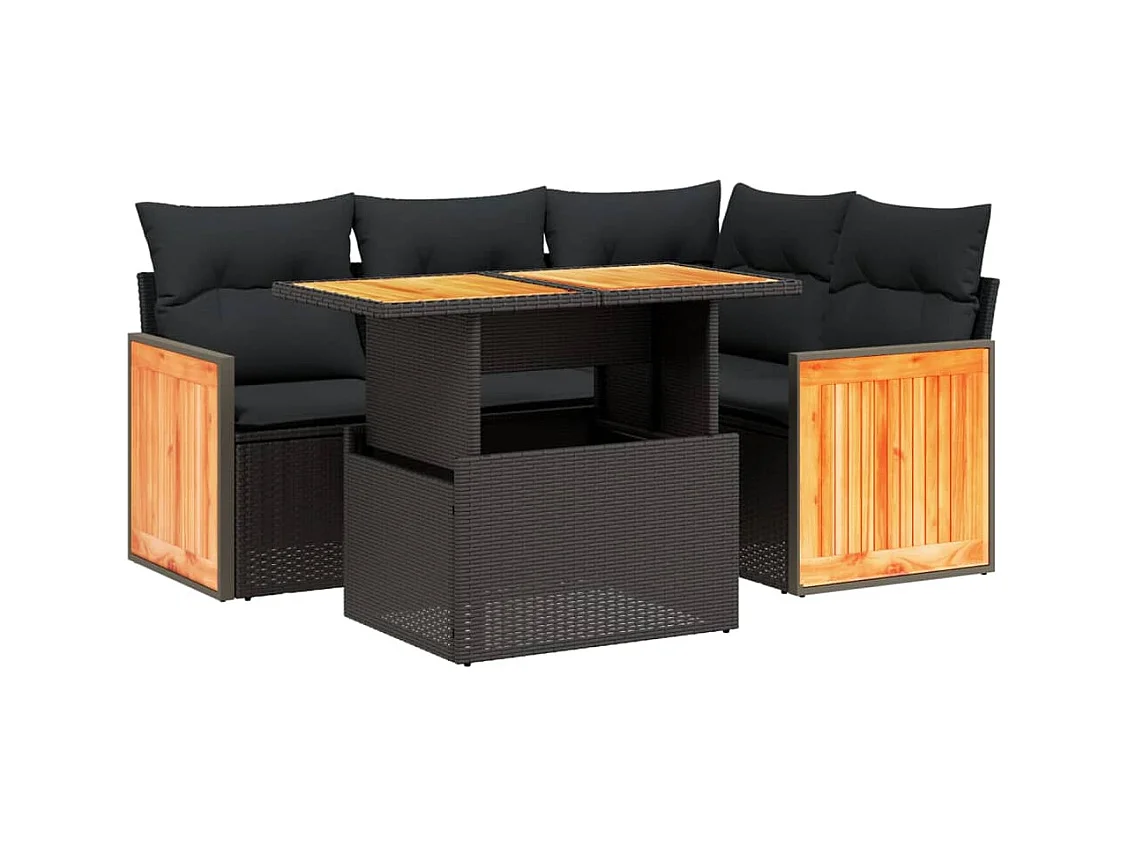 Salon de jardin 5 pcs avec coussins noir résine tressée