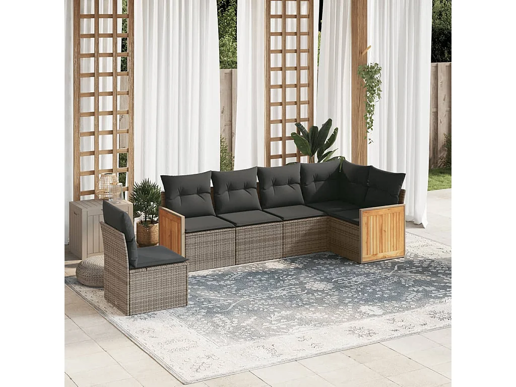 Salon de jardin 6 pcs avec coussins gris résine tressée