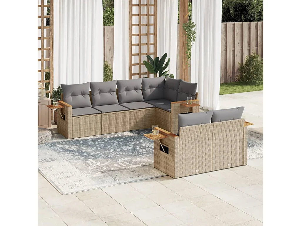Salon de jardin avec coussins 7 pcs gris résine tressée