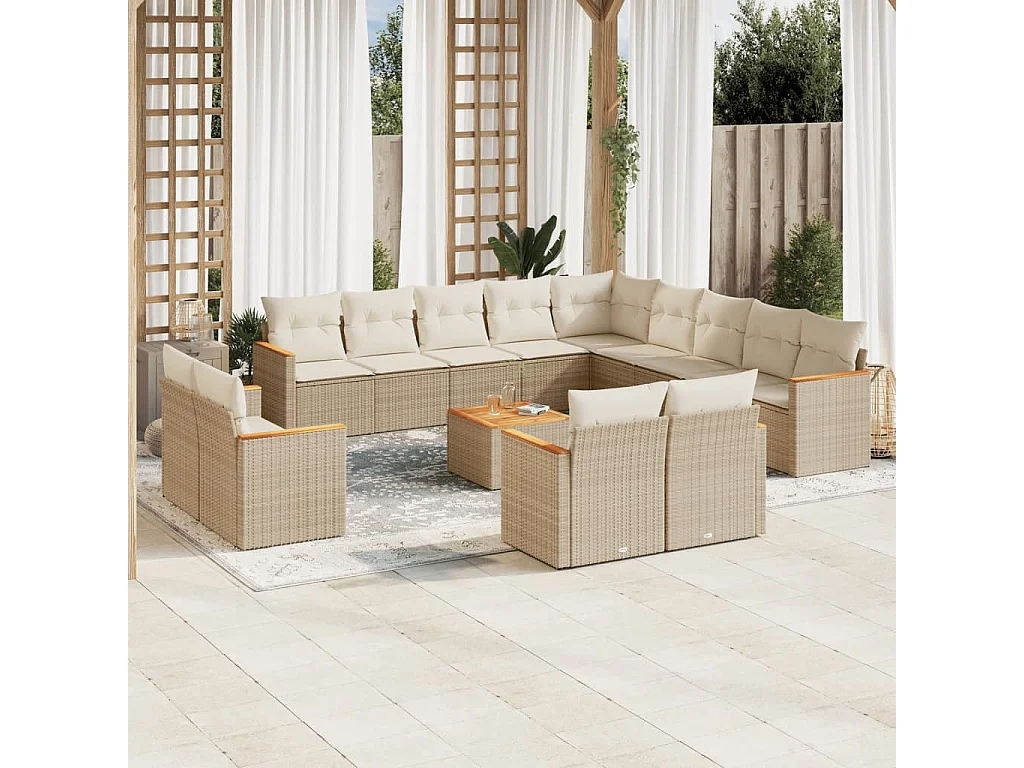 Salon de jardin avec coussins 14 pcs beige résine tressée