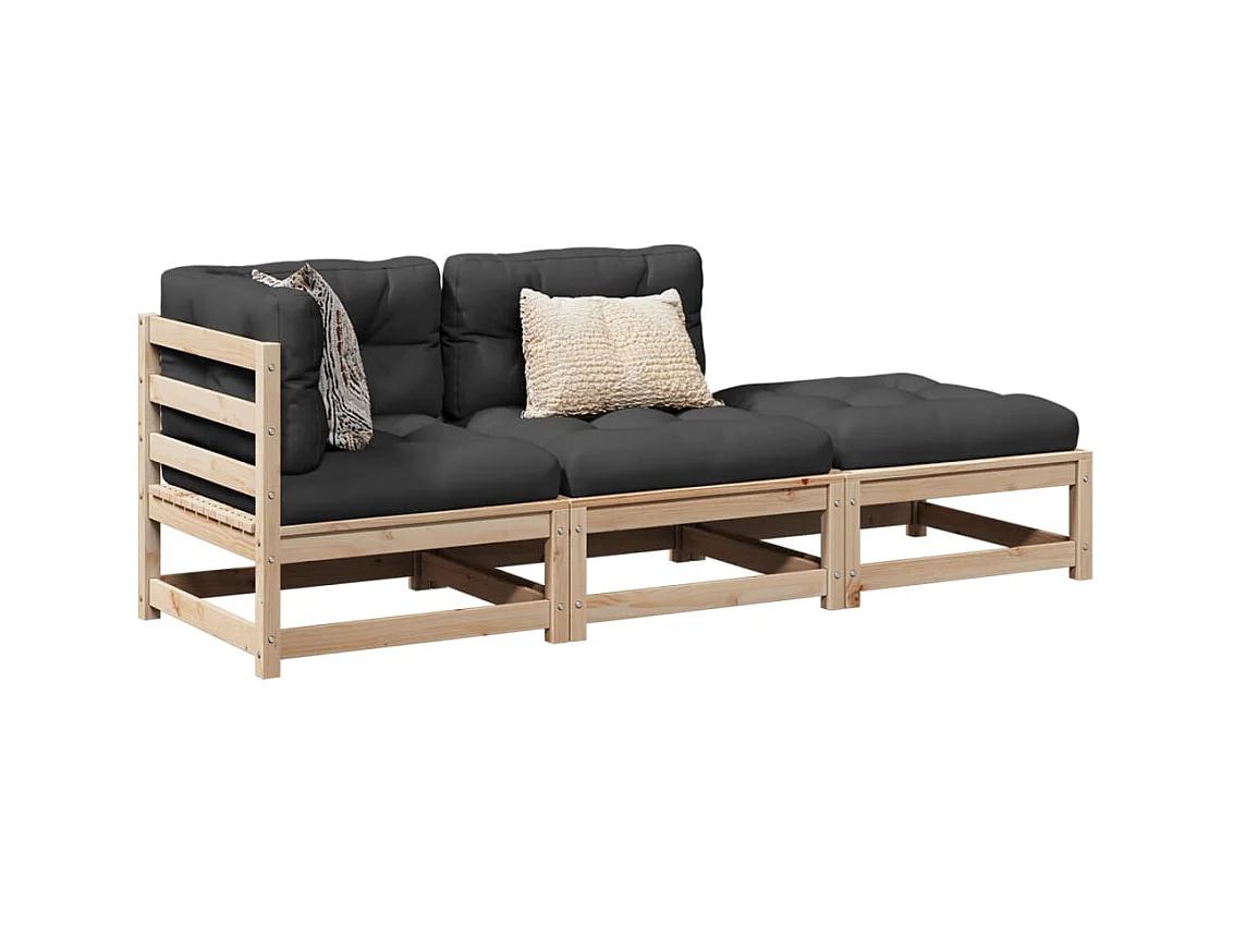 Salon de jardin 3 pcs avec coussins bois de pin massif
