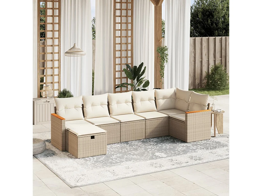 Salon de jardin avec coussins 7 pcs beige résine tressée