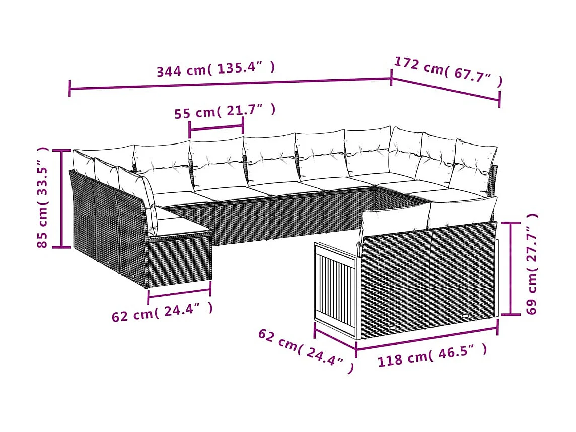 Salon de jardin avec coussins 12 pcs beige résine tressée
