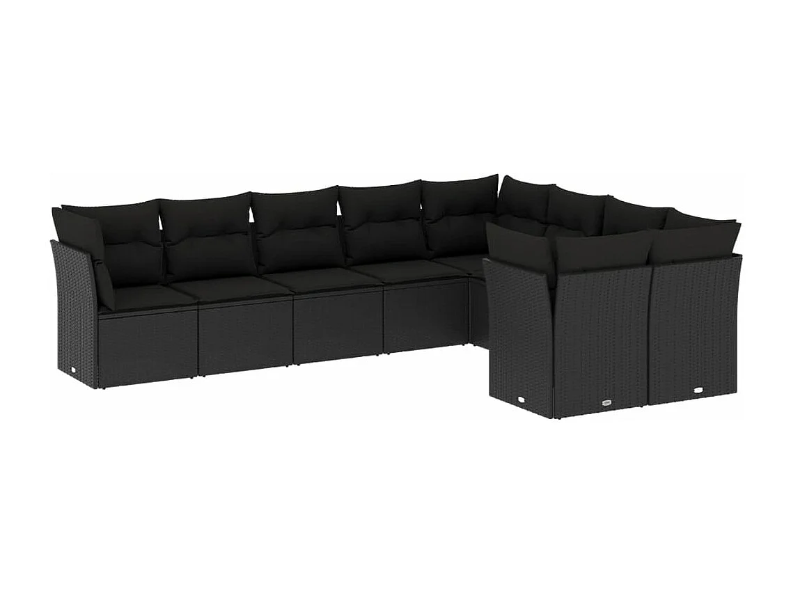 Salon de jardin 9 pcs avec coussins noir résine tressée
