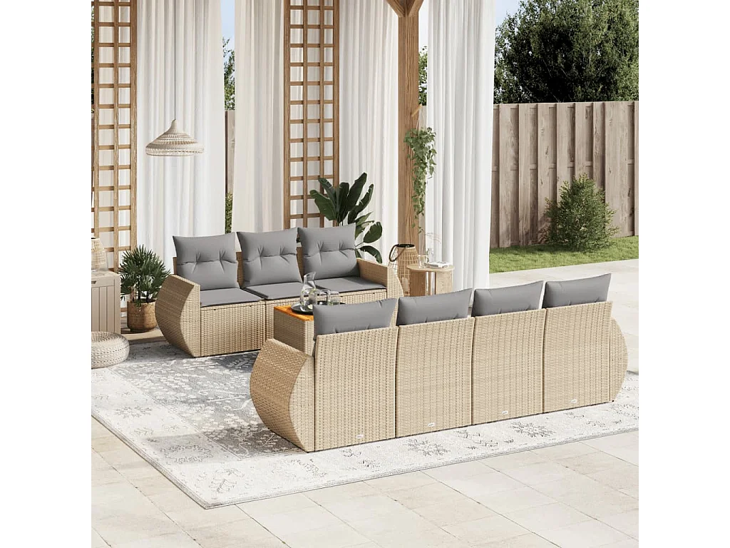 Salon de jardin avec coussins 8 pcs beige résine tressée