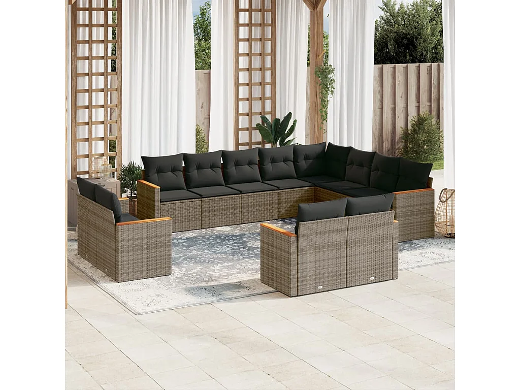 Salon de jardin avec coussins 12 pcs gris résine tressée