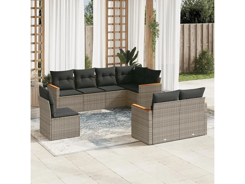 Salon de jardin 8 pcs avec coussins gris résine tressée