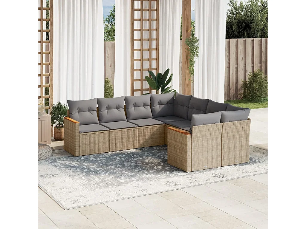 Salon de jardin avec coussins 8 pcs beige résine tressée