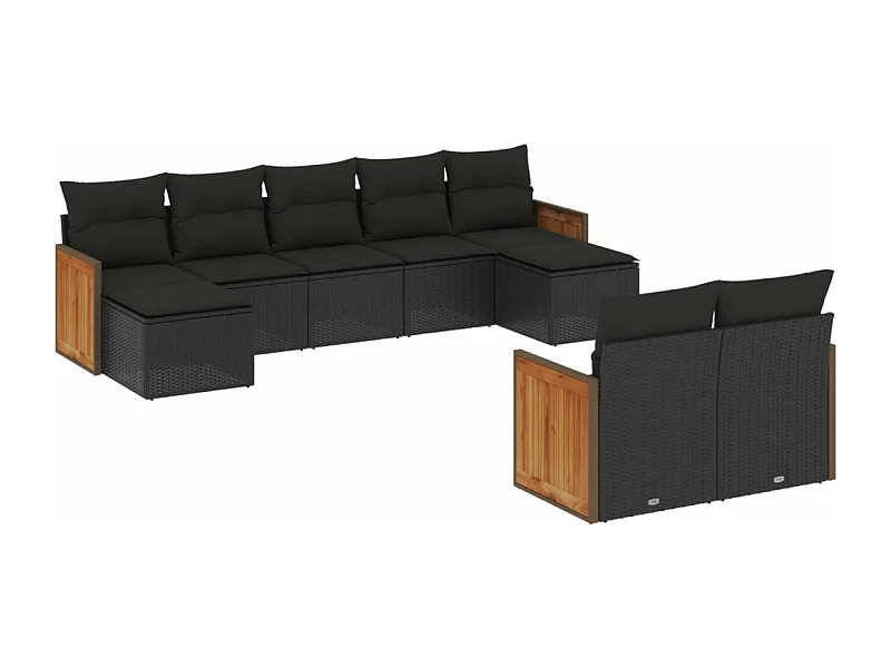 Salon de jardin 9 pcs avec coussins noir résine tressée