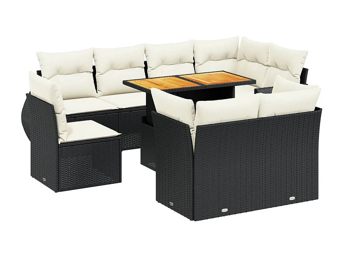 Salon de jardin 9 pcs avec coussins noir résine tressée