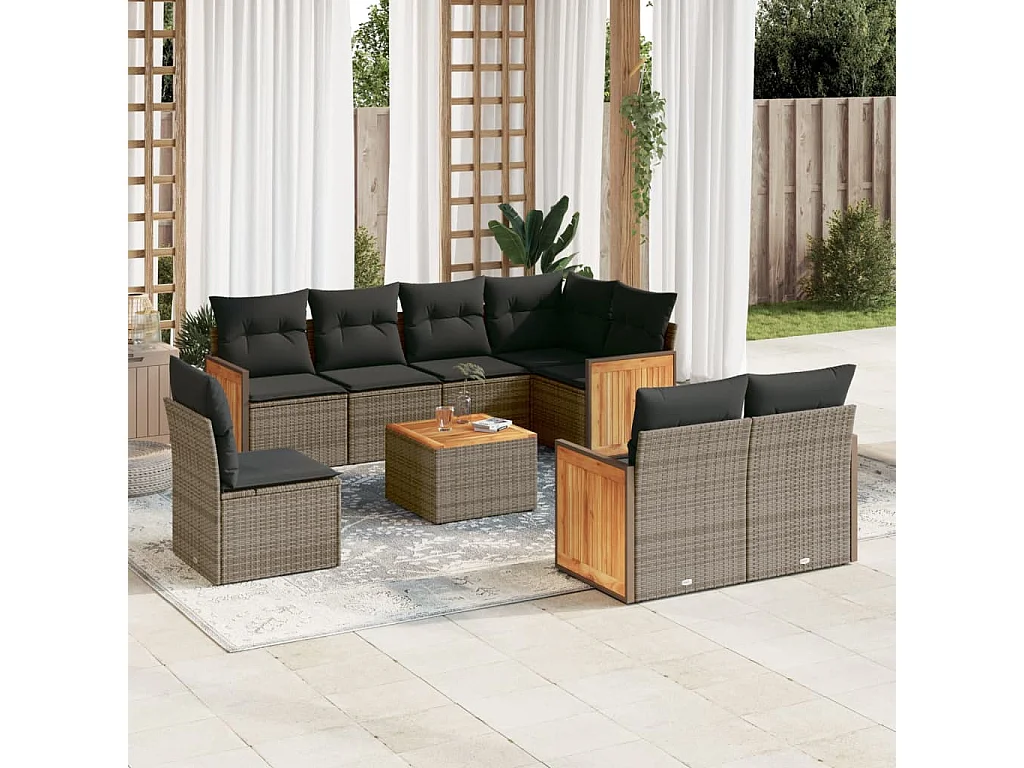 Salon de jardin 9 pcs avec coussins gris résine tressée