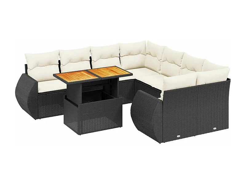 Salon de jardin 9 pcs avec coussins noir résine tressée