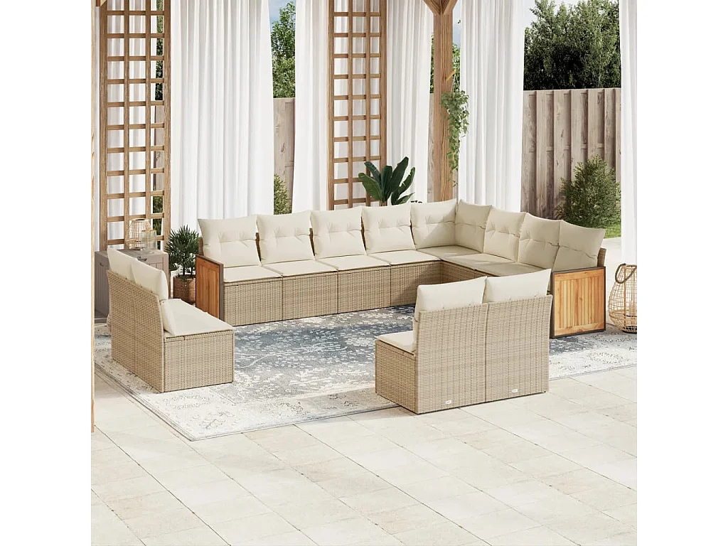 Salon de jardin avec coussins 12 pcs beige résine tressée