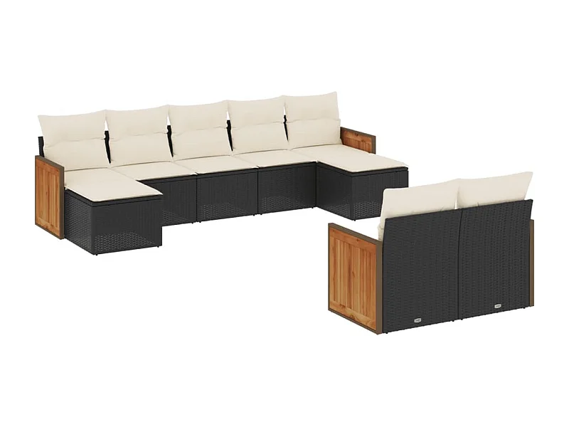 Salon de jardin 9 pcs avec coussins noir résine tressée