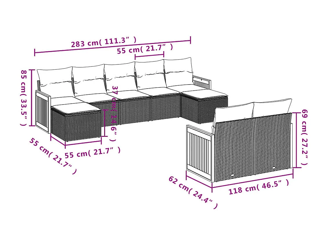 Salon de jardin 9 pcs avec coussins noir résine tressée
