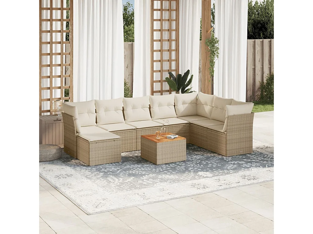 Salon de jardin avec coussins 9 pcs beige résine tressée