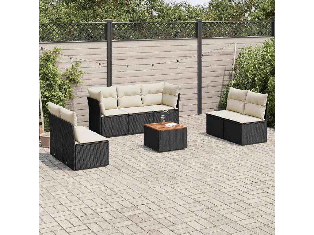 Salon de jardin 8 pcs avec coussins noir résine tressée