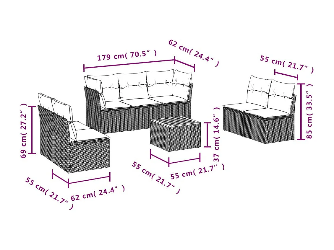 Salon de jardin 8 pcs avec coussins noir résine tressée
