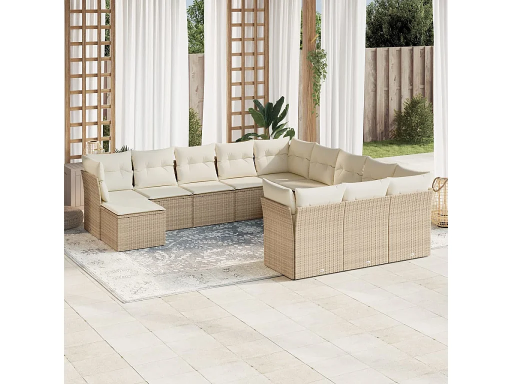 Salon de jardin avec coussins 12 pcs beige résine tressée