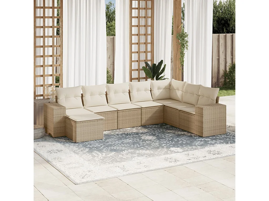 Salon de jardin avec coussins 8 pcs beige résine tressée