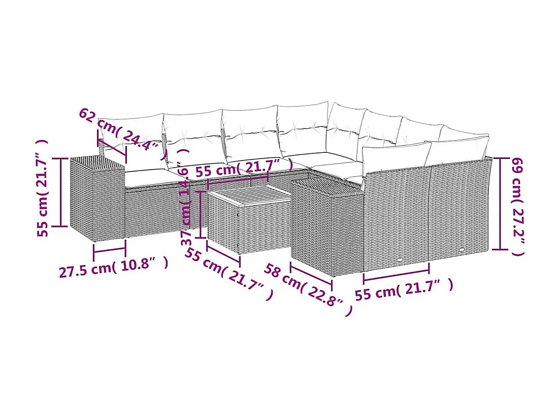 Salon de jardin 9 pcs avec coussins gris résine tressée