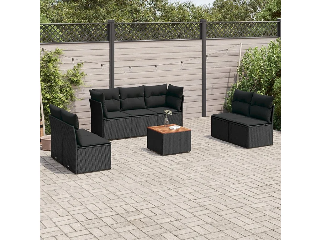Salon de jardin 8 pcs avec coussins noir résine tressée