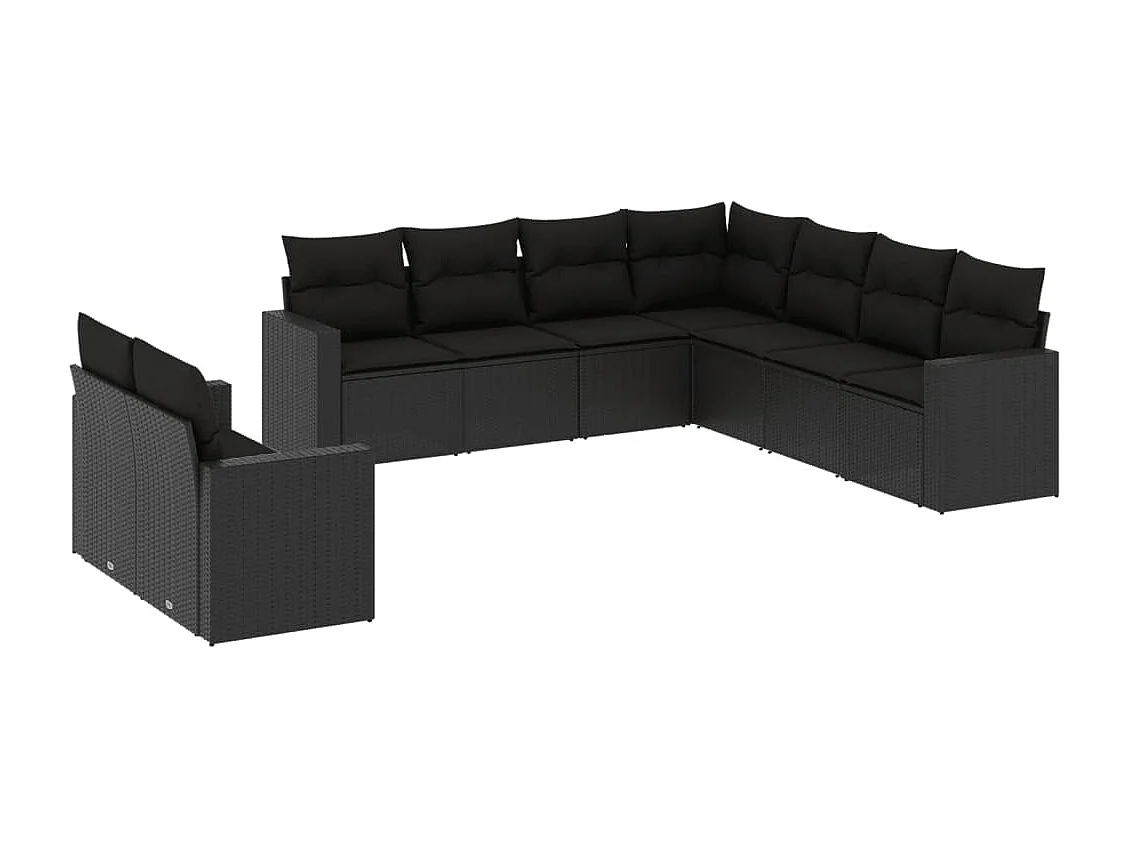 Salon de jardin 9 pcs avec coussins noir résine tressée
