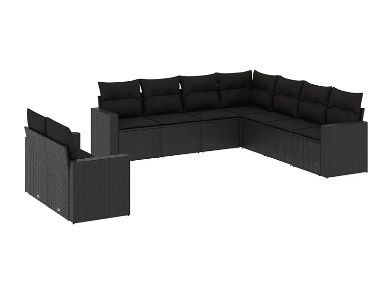 Salon de jardin 9 pcs avec coussins noir résine tressée