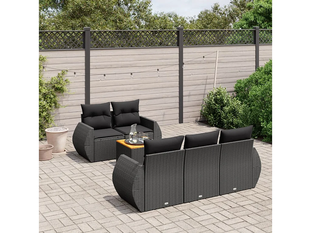 Salon de jardin 6 pcs avec coussins noir résine tressée