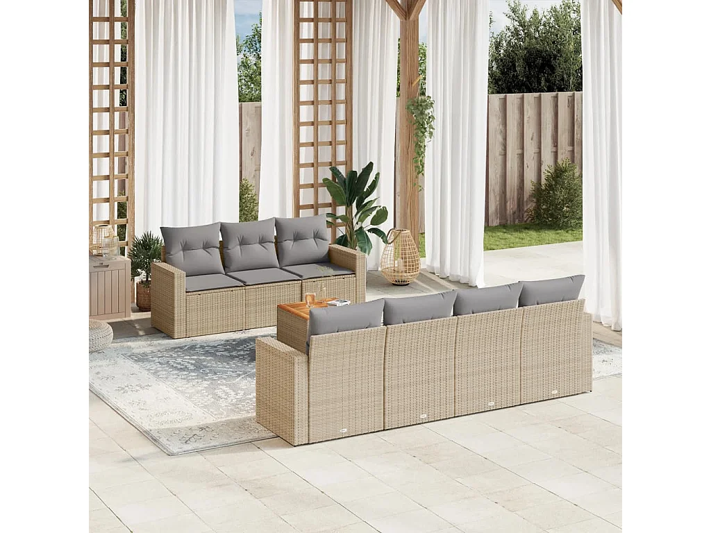 Salon de jardin avec coussins 8 pcs beige résine tressée