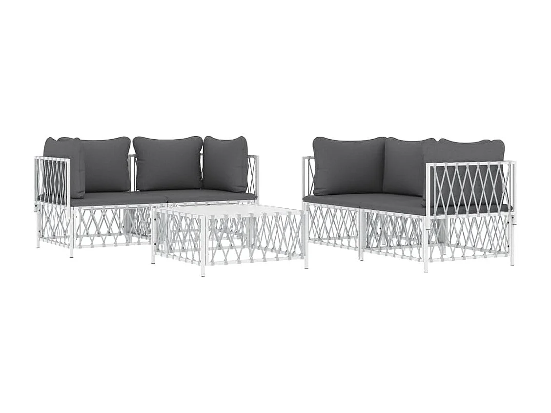 Salon de jardin avec coussins 5 pcs blanc acier