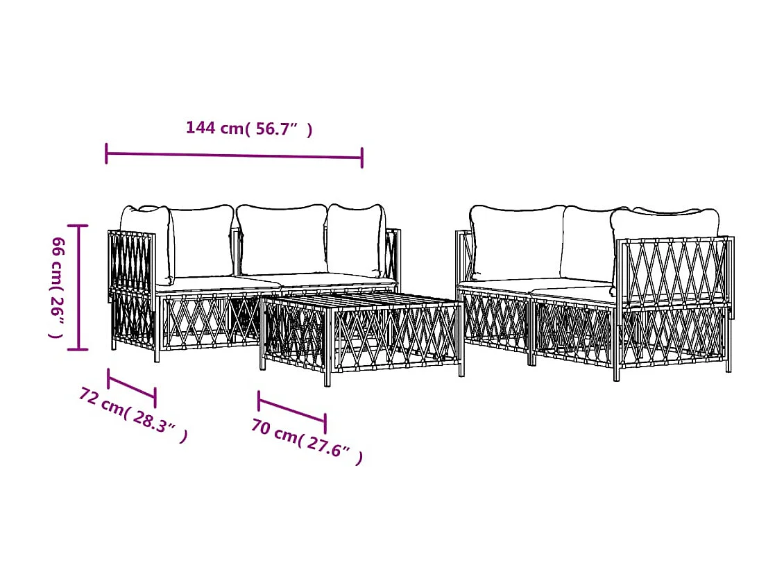 Salon de jardin avec coussins 5 pcs blanc acier