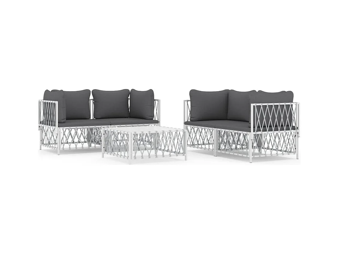 Salon de jardin avec coussins 5 pcs blanc acier