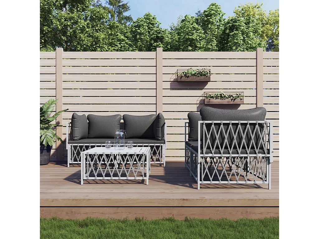 Salon de jardin avec coussins 5 pcs blanc acier