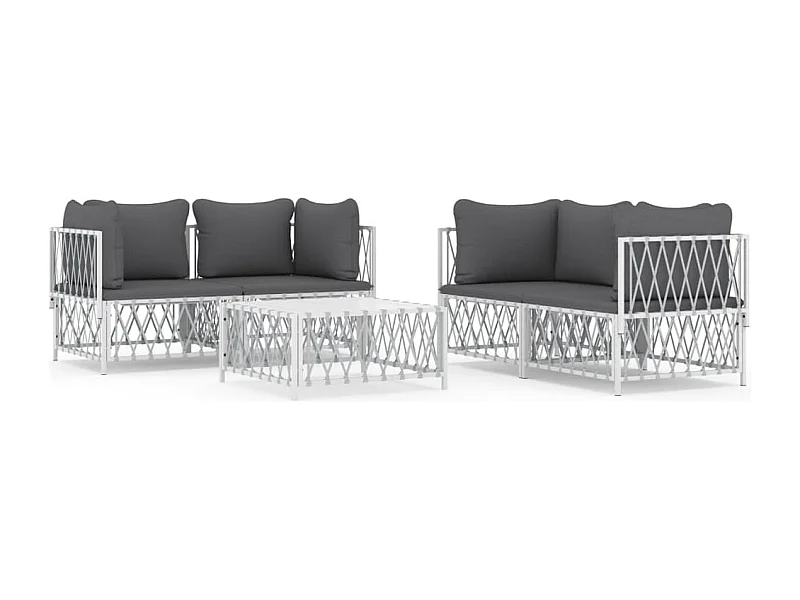 Salon de jardin avec coussins 5 pcs blanc acier