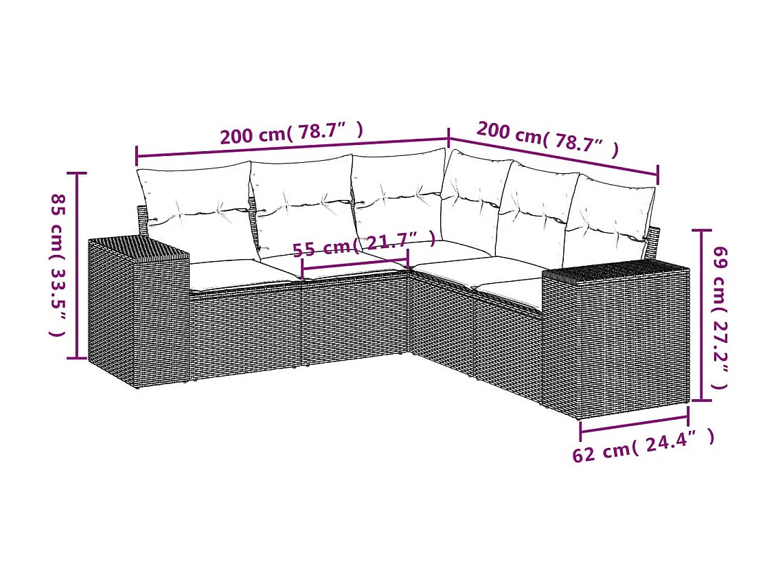 Salon de jardin 5 pcs avec coussins gris résine tressée