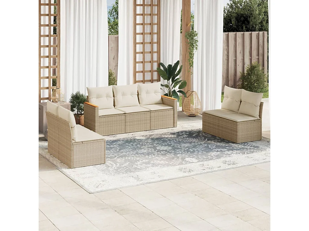Salon de jardin avec coussins 7 pcs beige résine tressée