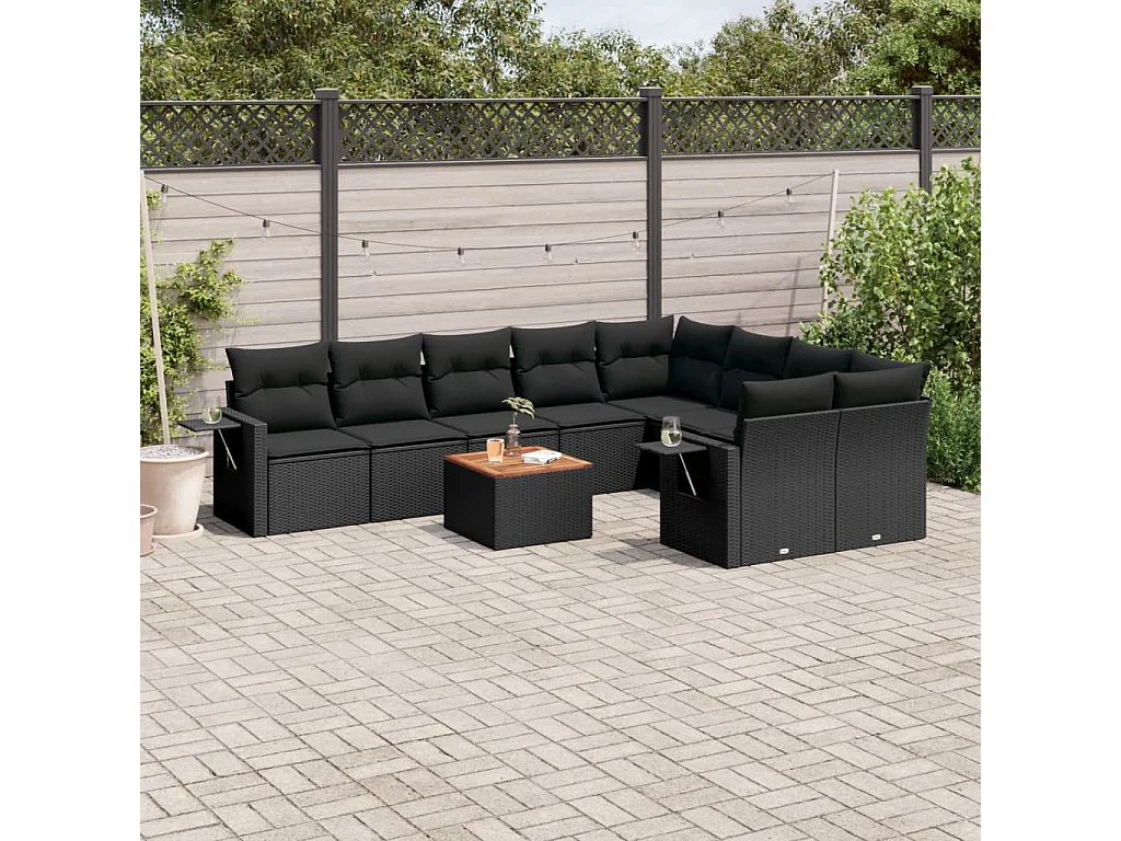 Salon de jardin 10 pcs avec coussins noir résine tressée