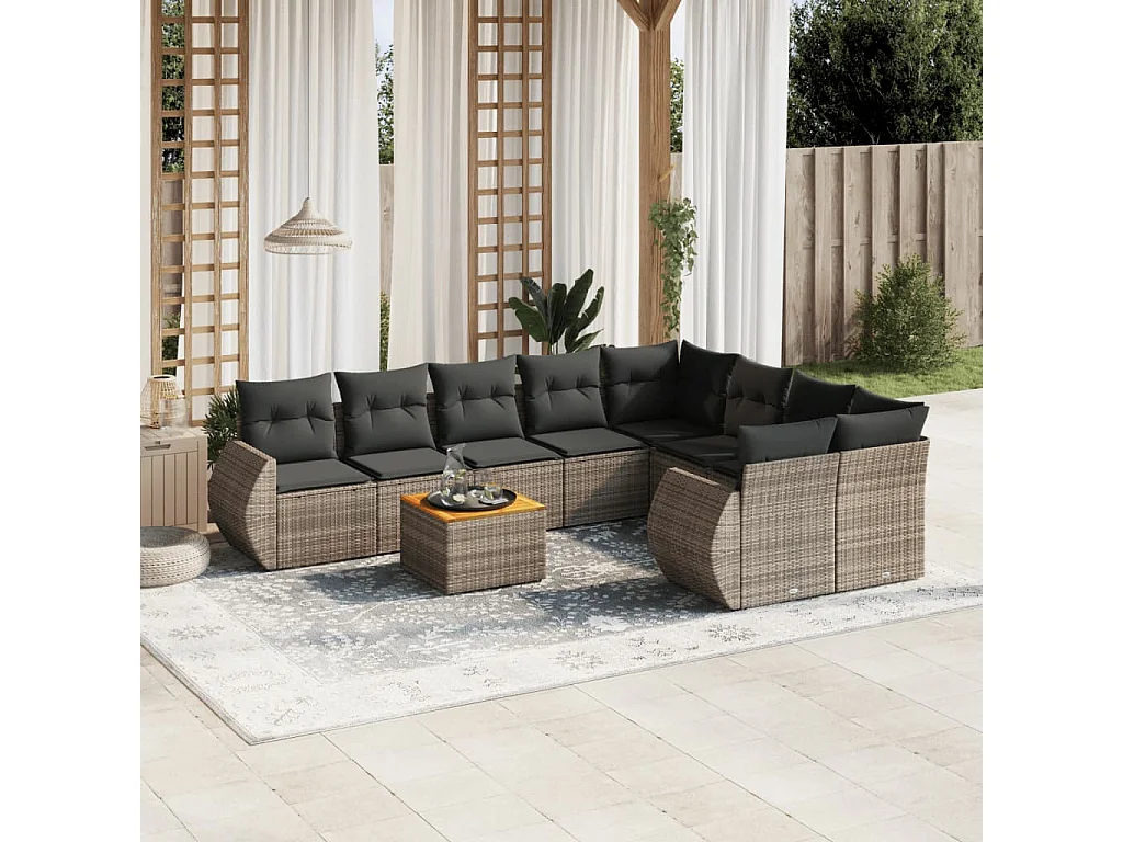 Salon de jardin 9 pcs avec coussins gris résine tressée