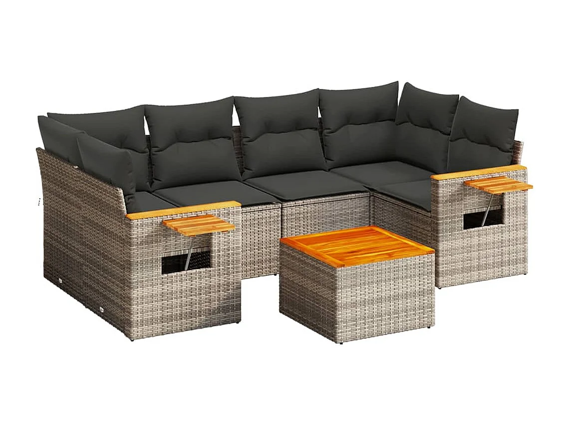Salon de jardin avec coussins 7 pcs gris résine tressée