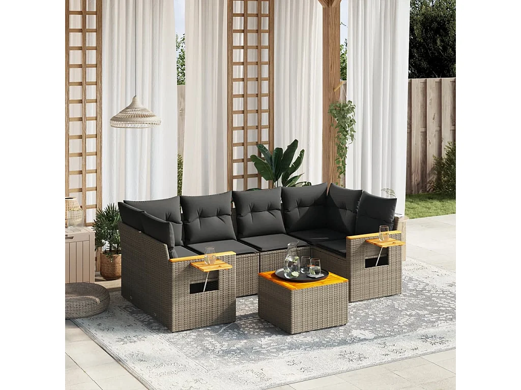 Salon de jardin avec coussins 7 pcs gris résine tressée