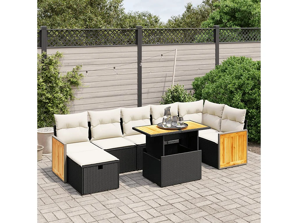 Salon de jardin 8 pcs avec coussins noir résine tressée