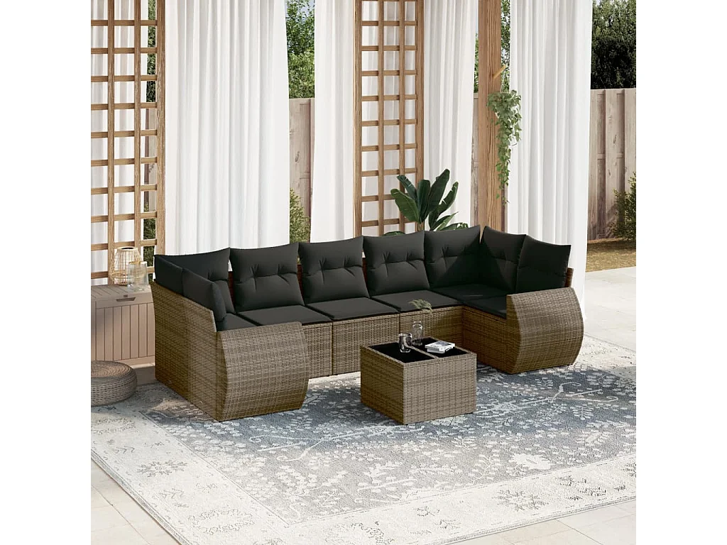 Salon de jardin 8 pcs avec coussins gris résine tressée