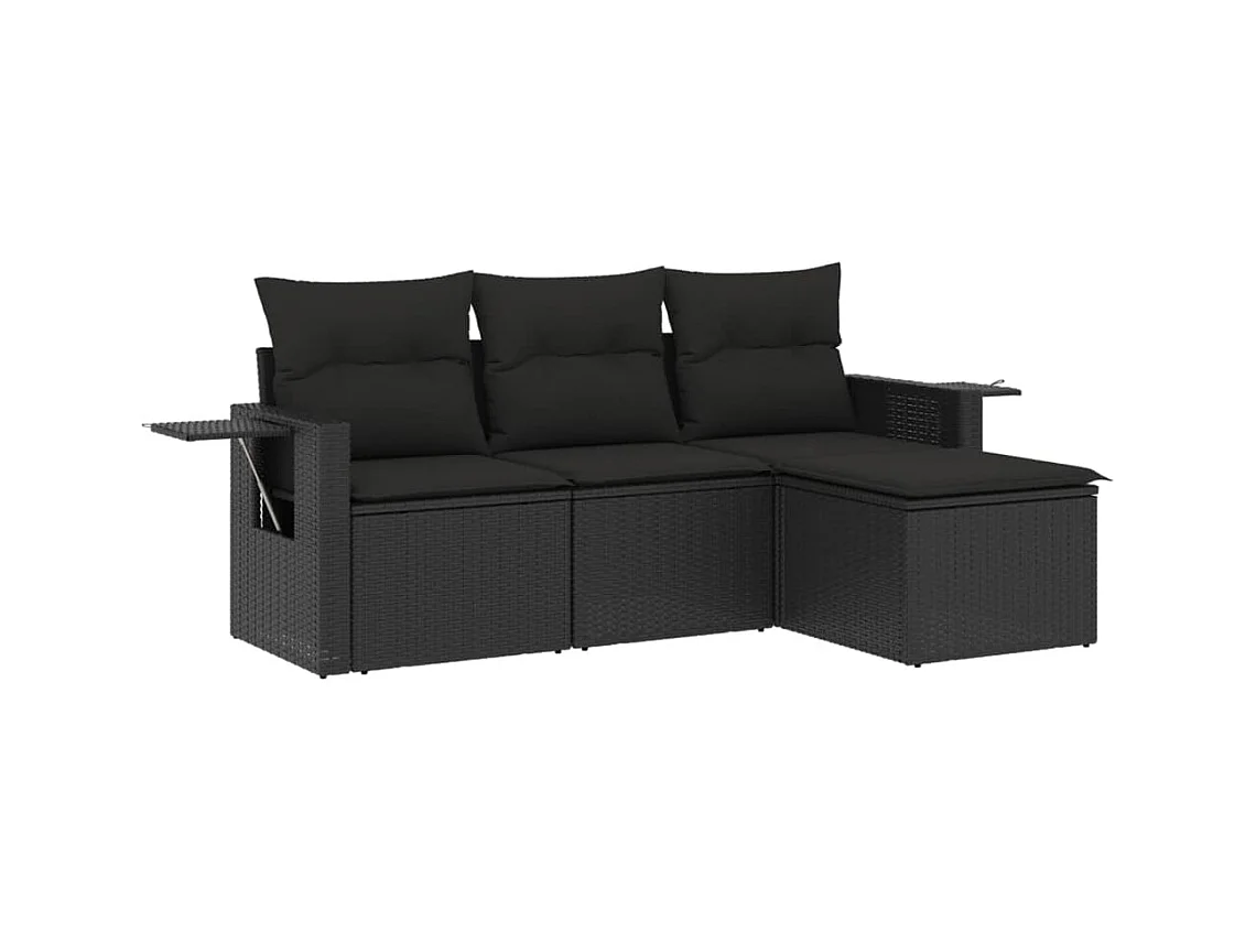 Salon de jardin 4 pcs avec coussins noir résine tressée