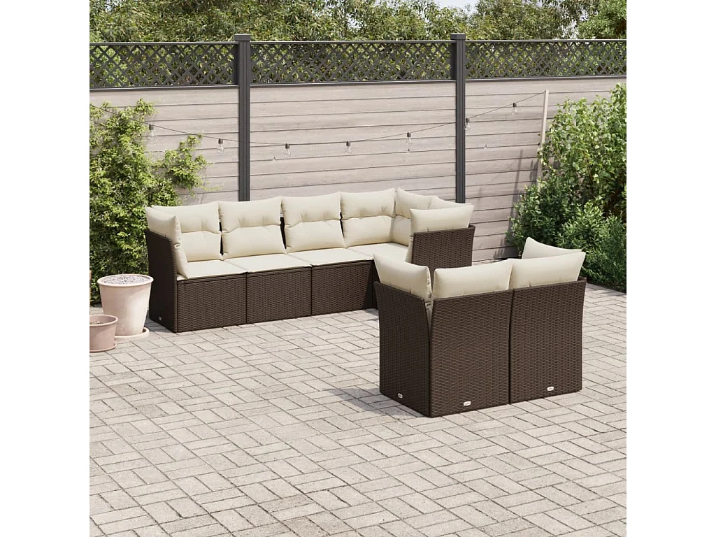 Salon de jardin avec coussins 7 pcs marron résine tressée