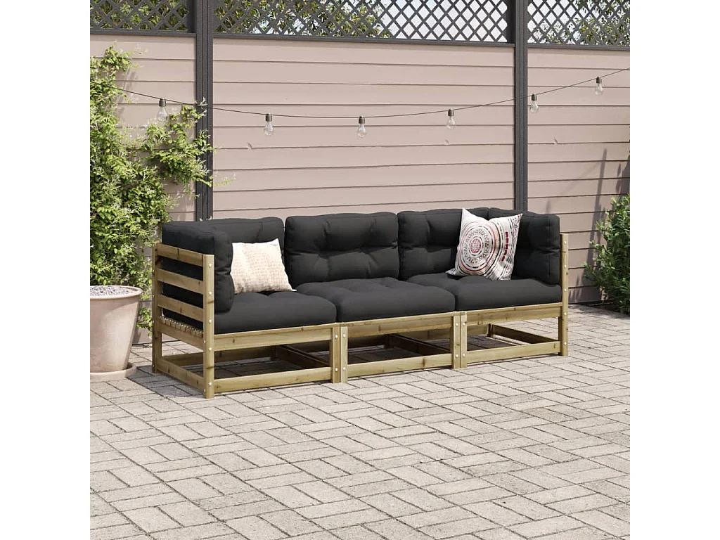 Salon de jardin 3 pcs avec coussins bois de pin imprégné