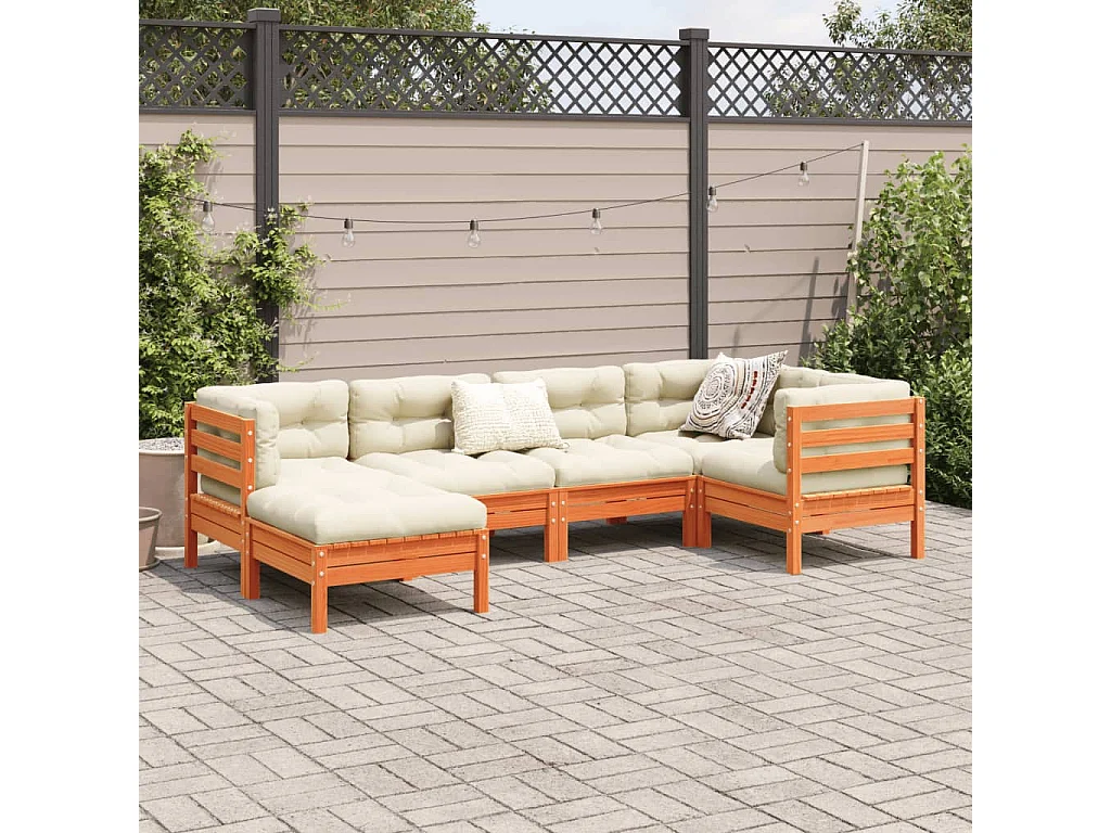 Salon de jardin 6 pcs avec coussins cire marron bois pin massif