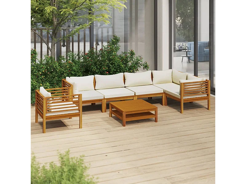 Salon de jardin 7 pcs avec coussin crème Bois d'acacia solide 4
